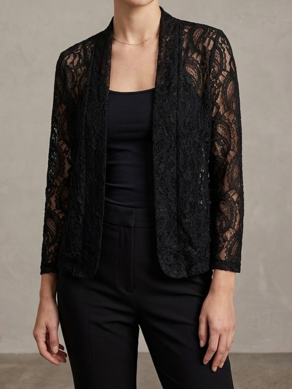Debbie Shuchat Black Lace Open-Front‎ Cardigan Size 2